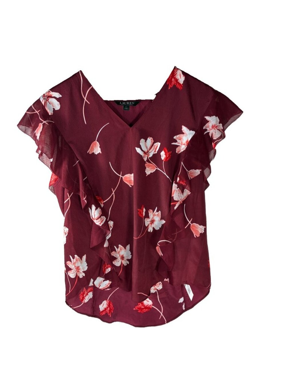 Lauren Ralph Lauren Floral Ruffle Sleeve V Neck Blouse Burgundy Top Womens PL